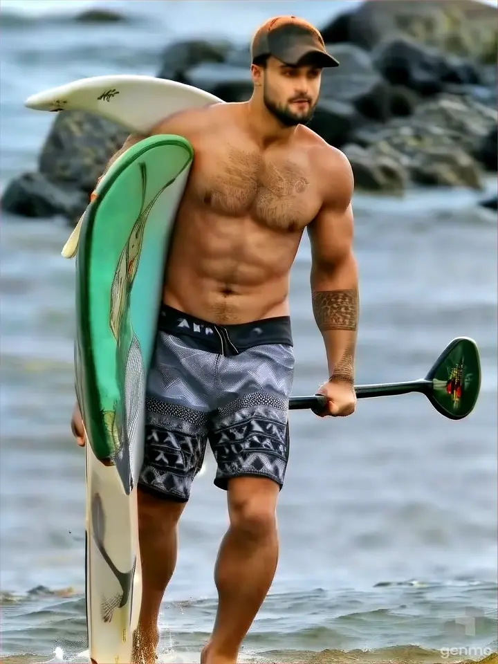 a shirtless man holding a surfboard on a beach and moving