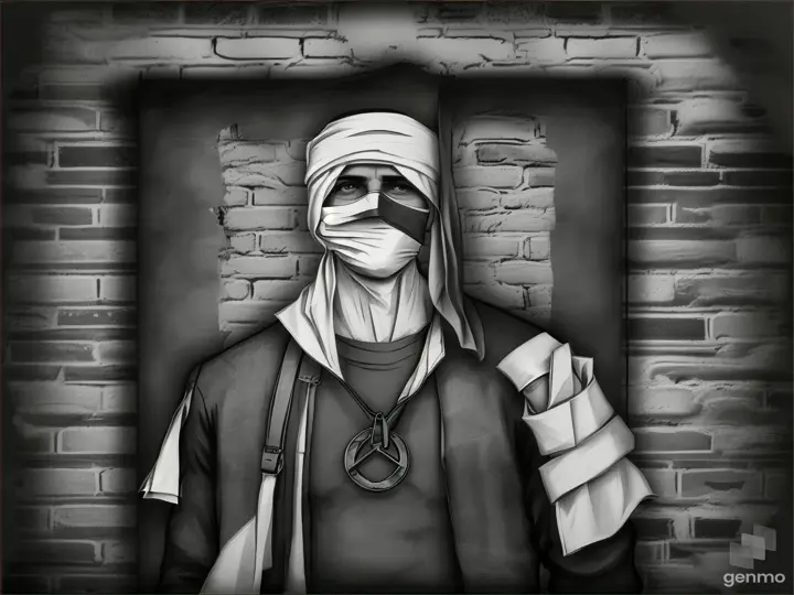 In simple charcoal lines very Art Deco effect Sketch un a brick wall  with the peace symbol painted and a man In the middle  With his eyes covered by a bandage and his hands tied  