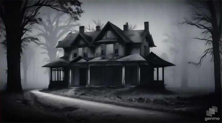 A creepy, abandoned house nestled among dark, twisted trees, with an ominous highway in the background