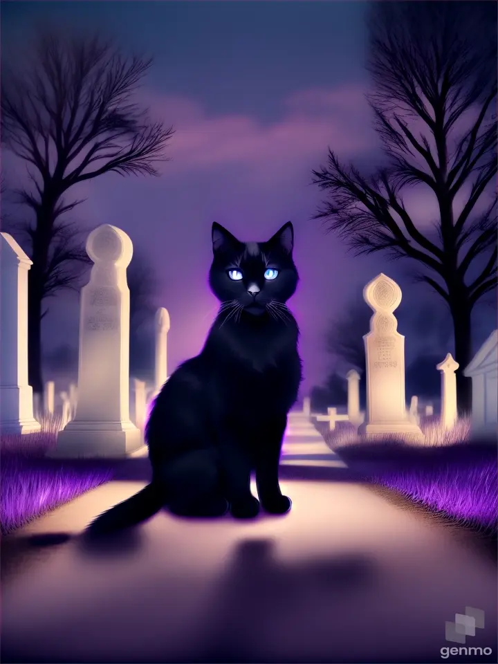 Un gato negro con manchas blancas en el cementerio. Anime