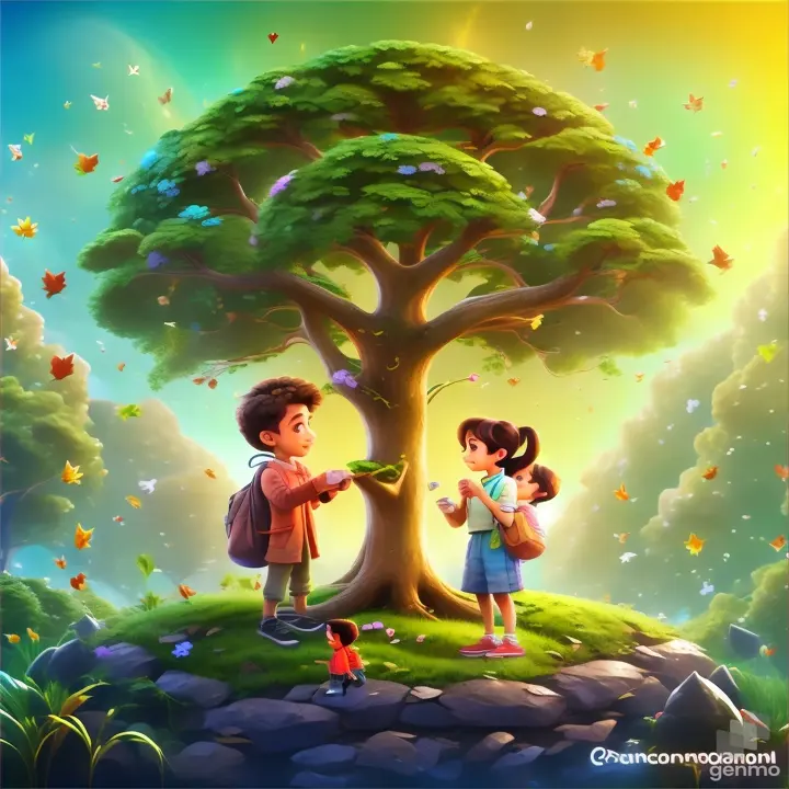 a boy and a girl standing in front of a tree