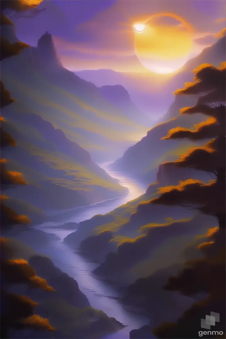 a painting of a sun setting over a river