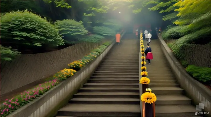 









Escena 3: Un grupo de peregrinos BUDISTAS sube la escalera de 1.015 escalones que conduce al templo BUDISTA. Los escalones están bordeados por árboles y flores, creando un ambiente natural y pacífico.






