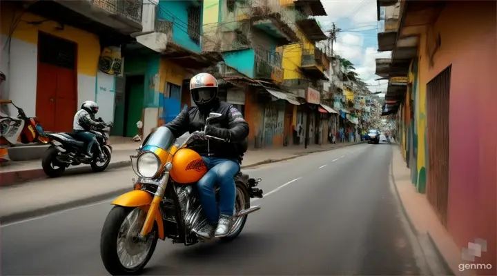 A biker driving in the favela of Rio de Janeiro, on the back of his motorbike has a gas cylinder, realistic