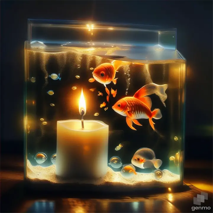 a lit candle and a goldfish in an aquarium