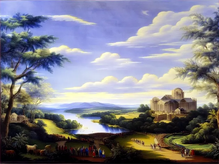 a painting of a landscape with people and animals