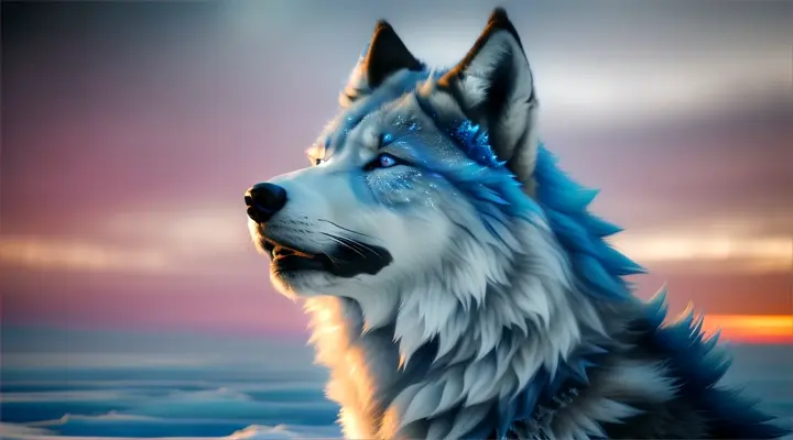 A majestic, blue-fur wolf howling on a vast, frozen tundra, surrounded by glittering ice formations