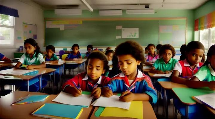 
seven year old children, in colorful clothes, reading sheets of paper, public classroom, Brazil, realistic