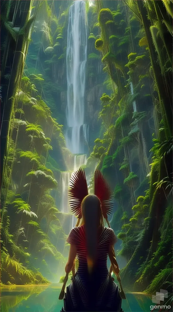 a woman sitting in front of a waterfall, everything moves and waves and sparks of life 