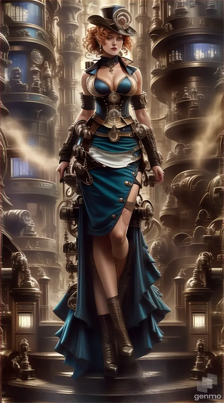 a woman in a steampunk outfit standing on steps