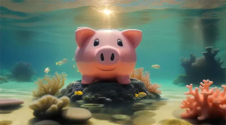 A piggy bank resting on a serene underwater scene, symbolizing financial tranquility and freedom