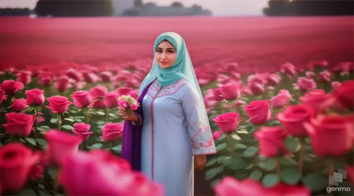 Beautiful background cover with roses healthy mom standing  in full hijab four 29 years old girls pick a poster Eid Mubarak word on it realistic 