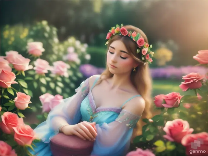 A person sitting in a garden of roses with a colorful butterfly crown