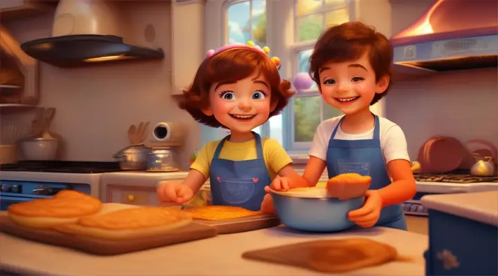 Close-up of two happy cartoon kids baking and cooking in a whimsically detailed kitchen, Pixar 3D style