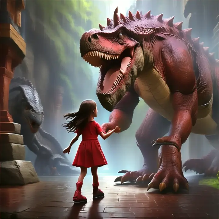 a little girl holding the hand of a large dinosaur