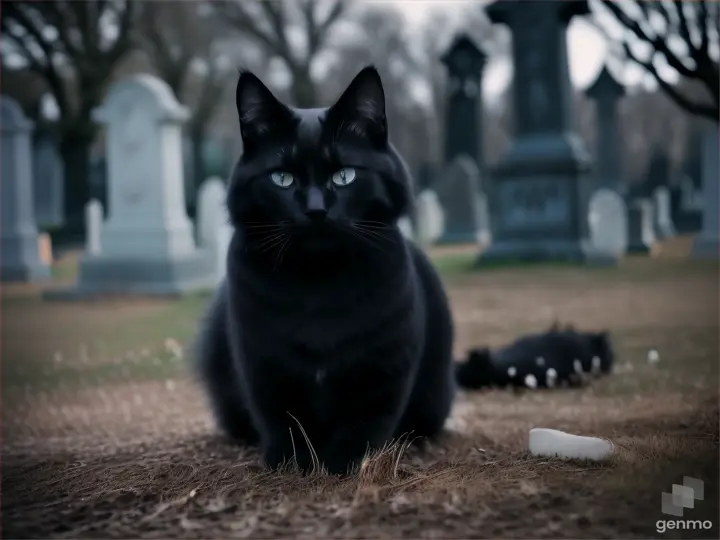 Un gato negro con manchas blancas en el cementerio con un aura paranormal. Animel