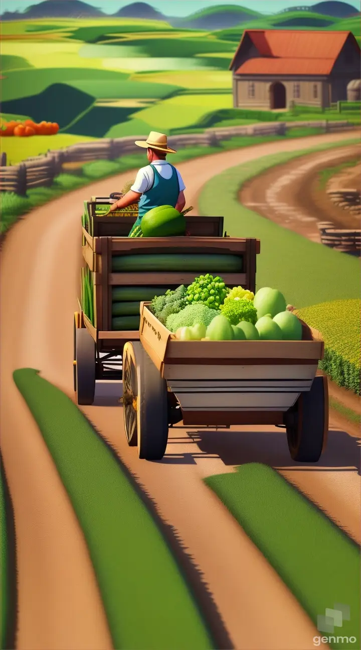 an animated male farmer with a cart full of vegetables are going on a road where a big stone is kept