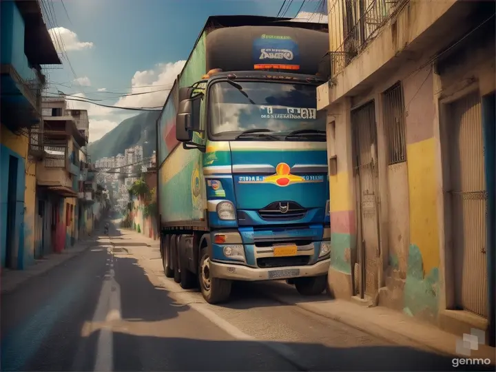 A truck in the favela of Rio de Janeiro, in the back of the truck there are several gas cylinders, realistic