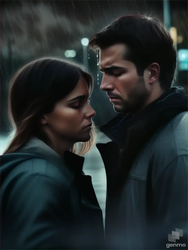 Realistic human American Couple pretty faces crying in the night , tears in the face, and storm in the background a close-up portrait shot of a couple at dark night road, crying with tears on their face, intense emotion revealed, high realism, stormy background, rain, emotional storytelling”