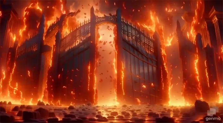 a large gate with flames coming out of it