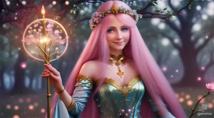 The image depicts a character with their face blurred, surrounded by a serene and mystical environment. The character has long, flowing pink hair adorned big blue eye smile a little with flowers and wears intricate golden jewelry. horizontal image