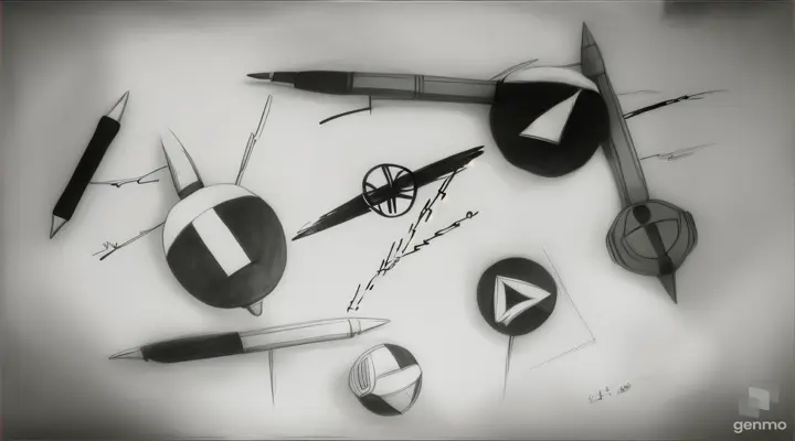 “Line drawing In very simple lines charcoal very Art Deco effect Sketch  dropping boobies with the peace symbol drawn on the bombs Top view”