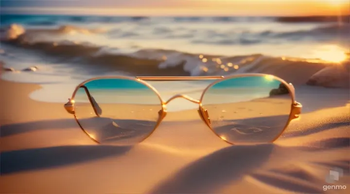 A pair of glasses buried in the beach sand reflects sunlight. flash
