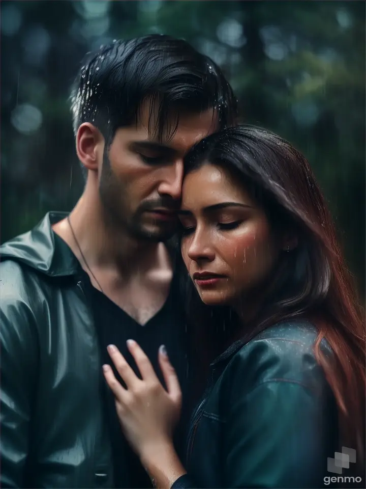 Full HD Close up beautiful couple crying under a woods night with a have rain background, high realism