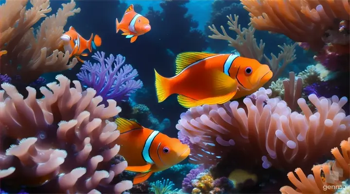 The video opens with a wide shot of a beautiful coral reef teeming with life cartoon