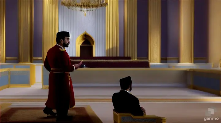 Petitioners Presenting Cases: Show various individuals standing before the Sultan, each presenting their grievances or requests. They could be holding scrolls or gesturing earnestly as they plead their cases.



Sultan's Inquiry: Illustrate Sultan Shah Saljoqi questioning Laila about her identity and her connection to Hasan bin Sabah. Show the Sultan looking intrigued and perhaps slightly suspicious as he listens to Laila's response.

Hasan bin Sabah's Denial: Capture Hasan bin Sabah's reaction as he denies any association with Laila, appearing calm yet guarded.

Minister of State's Intervention: Depict the Minister of State stepping forward to offer clarification or support, indicating his role in the unfolding events.

Laila said. Dear Sultan, inquire from him that if he has nothing to do with Nizam-ul-Mulk's book, why did he try to kill me for refusing to steal the book? Malik Shah's face turned red with anger, he said in surprise, attempted murder.
