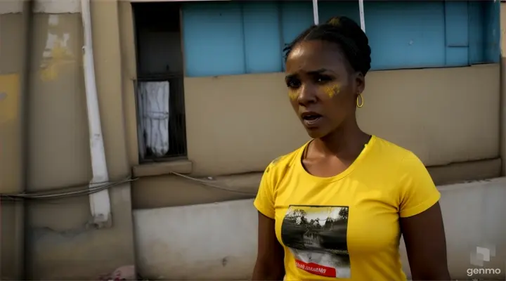 35-year-old black woman, thin, hair tied up, yellow t-shirt, screaming scared at the camera, door of a favela house, slun, Brazil, realistic