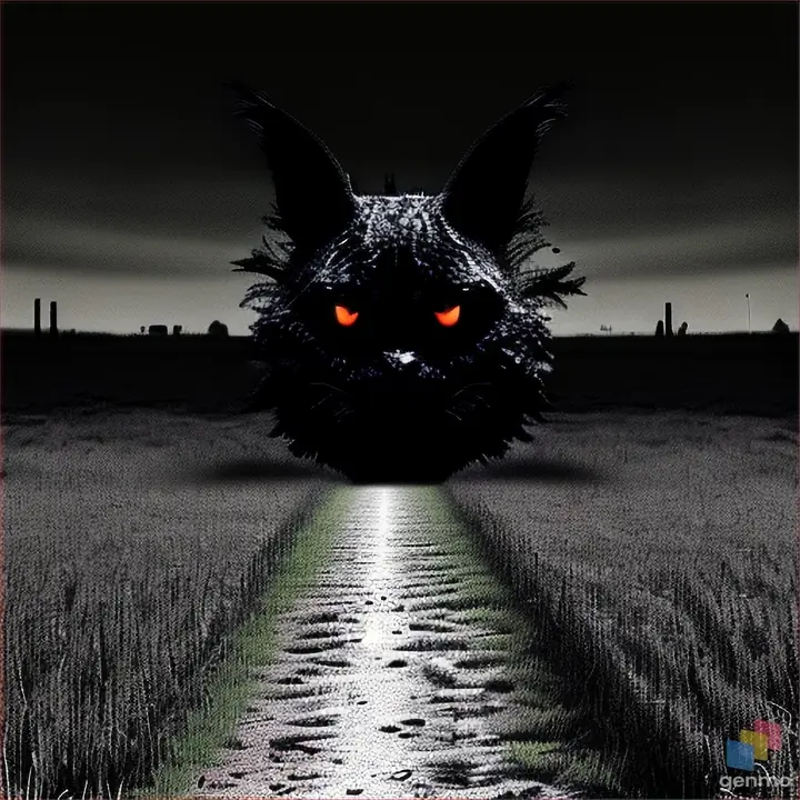 A dark, ominous shadow slowly materializes in an empty field under a full moon. Its glowing eyes stare menacingly into the distance as it seems to plot its next move.