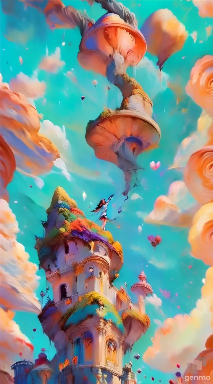 a painting of a castle in the sky