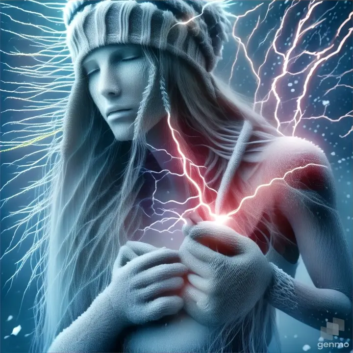 a woman with long hair wearing a hat and holding a lightning bolt