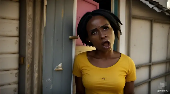 35-year-old black woman, thin, hair tied up, yellow t-shirt, screaming scared at the camera, door of a favela house, slun, Brazil, realistic