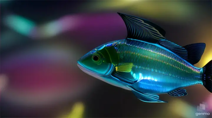 Underwater world of the ocean V-shaped neuromodulator fish, neon glow reflections of transparent iridescent colors, HD detail, 16K resolution, ultra-high definition captured on a Nikon D750 HD botanical art 5D HDR camera in high-precision detail high screen resolution 1028k