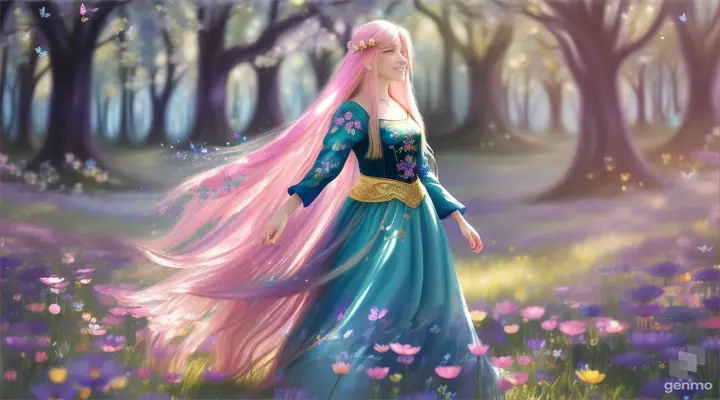 The image depicts a character with their face blurred, surrounded by a serene and mystical environment. The character has long, flowing pink hair adorned big blue eye smile a little with flowers and wears intricate golden jewelry. horizontal image