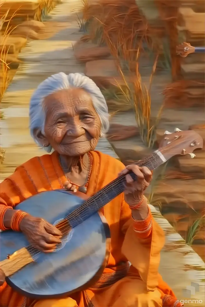an old woman is playing a musical instrument Orange Monk style cloth and red Sandalwood Chandan Hathon aur Gale Mein Rudraksh Mala Mathe per Chandan