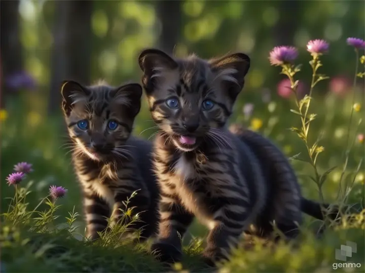 a couple of small kittens standing on top of a lush green field