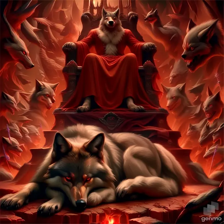 a painting of a wolf laying on a throne of devil