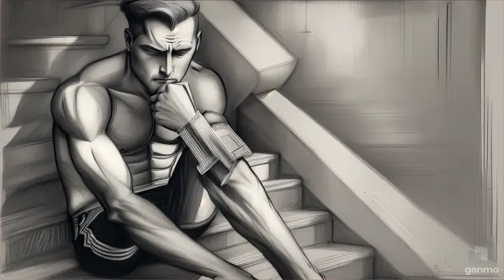 Line drawing In very simple lines charcoal very Art Deco effect Sketch man sitting with his hands resting on his face and elbows on his knees sitting on stairs while thinking his body is falling apart”
