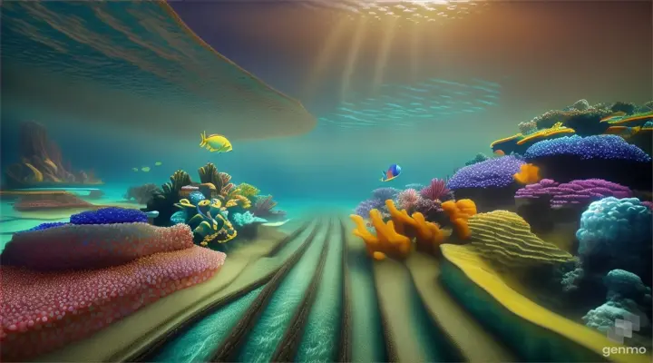 A breathtaking 3D rendering of an underwater kingdom in the vibrant Caribbean Sea, featuring a glowing reef city with schools of exotic fish