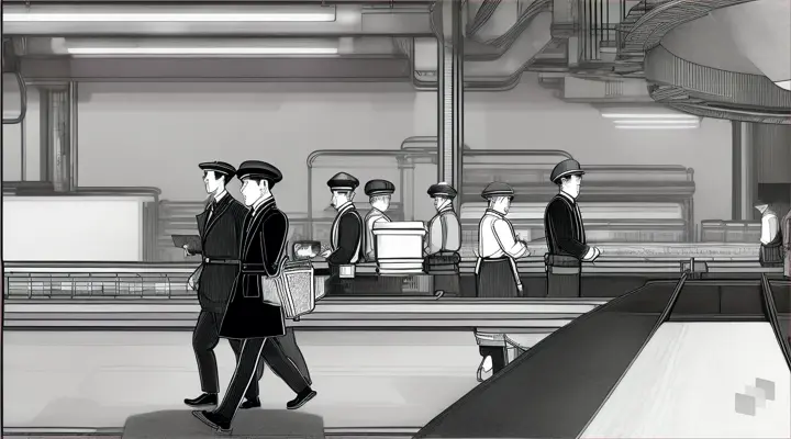 Walking on the conveyor belt in unison as if they were an army workers walking with a lunch box in their hand on a mechanical belt in a very Soviet style gear factory in shapes geometry graphic novel Line drawing In very simple lines charcoal very Art Deco effect Sketch 