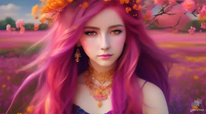 The image depicts a character with their face blurred, surrounded by a serene and mystical environment. The character has long, flowing pink hair adorned big blue eye smile a little with flowers and wears intricate golden jewelry. horizontal image