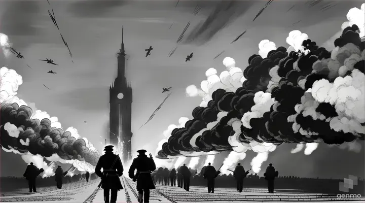 soldiers marching with martial march rifle on shoulder a row of missiles taking off and an atomic explosion in the background of the image Line drawing In very simple lines charcoal very Art Deco effect Sketch a scared man with his hands protecting himself as if he were fleeing behind a brick wall with his shadow melting, slipping down the wall while a light focuses on him that forms a circle around the man