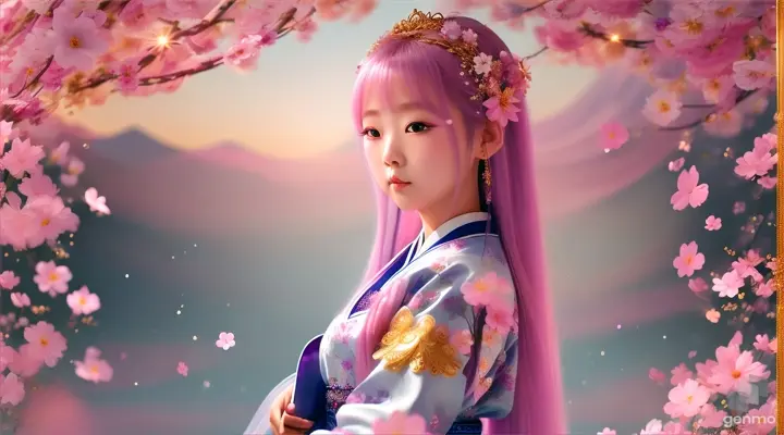 The image depicts a character with their face blurred, surrounded by a serene and mystical environment. The character has long, flowing pink hair adorned big blue eye smile Korean girl wearing colorful Korean Hanbok adorned with floral patterns a little with flowers and wears intricate golden jewelry. horizontal image