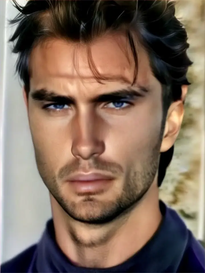 a close up of a person wearing a blue shirt