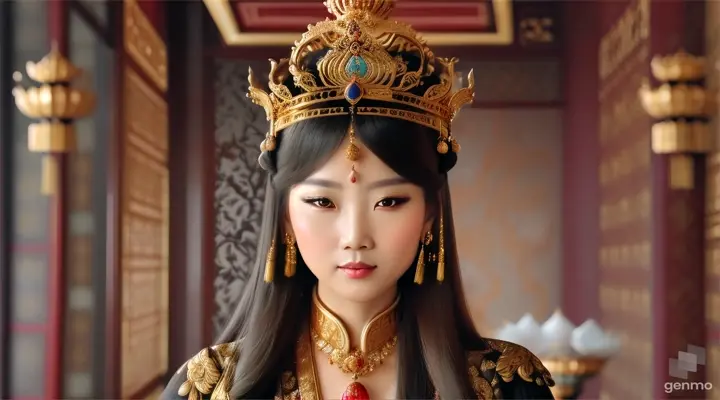 The image shows a character with a blurred face. Surrounded by the environment of the Chinese Dynasty Hall, the character is a beautiful female emperor, smiling happily. The head of the person in the picture was covered. There is a crown-like ornament on the head that looks luxuriously decorated. It had a luxuriously decorated appearance, with long flowing hair, large blue eyes, a slight smile, and wearing exquisite gold jewelry. horizontal image