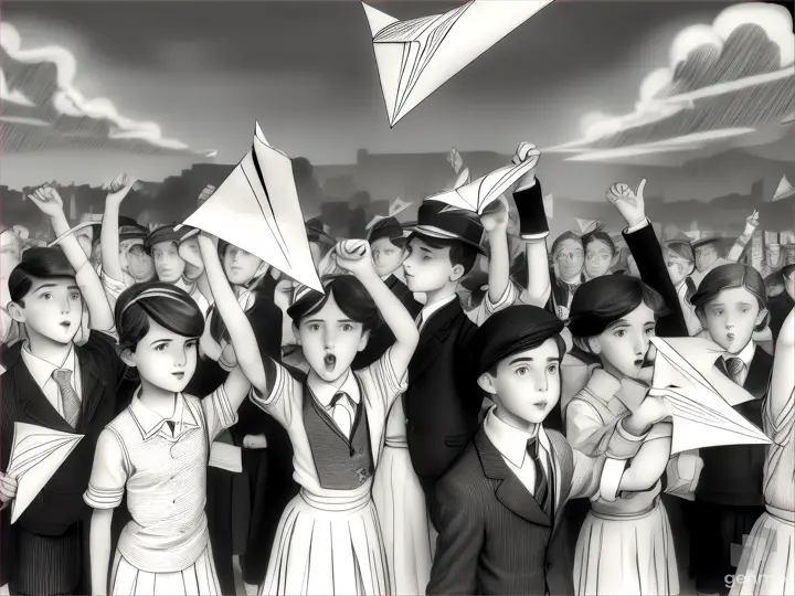 children in uniforms in class with desks with open hands protesting and shouting with paper airplanes flying a man with his wire Line drawing In very simple lines charcoal very Art Deco effect Sketch