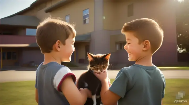 a girl and a boy with one kitten at Meadowlark Elementary school in a small town in 16:9 ratio